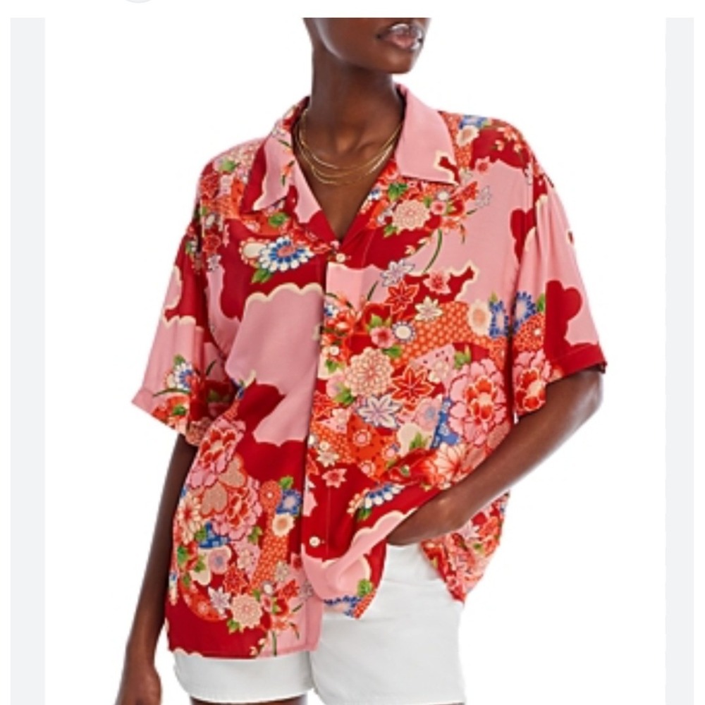 RE/DONE Red Floral Aloha Shirt Womens S Pink Red Excellent Short Sleeve Viscose